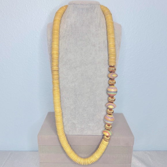 Sandra David Coconut Wood Beaded Necklace with Ceramic & Metal Beads Vintage 30” - Picture 3 of 5